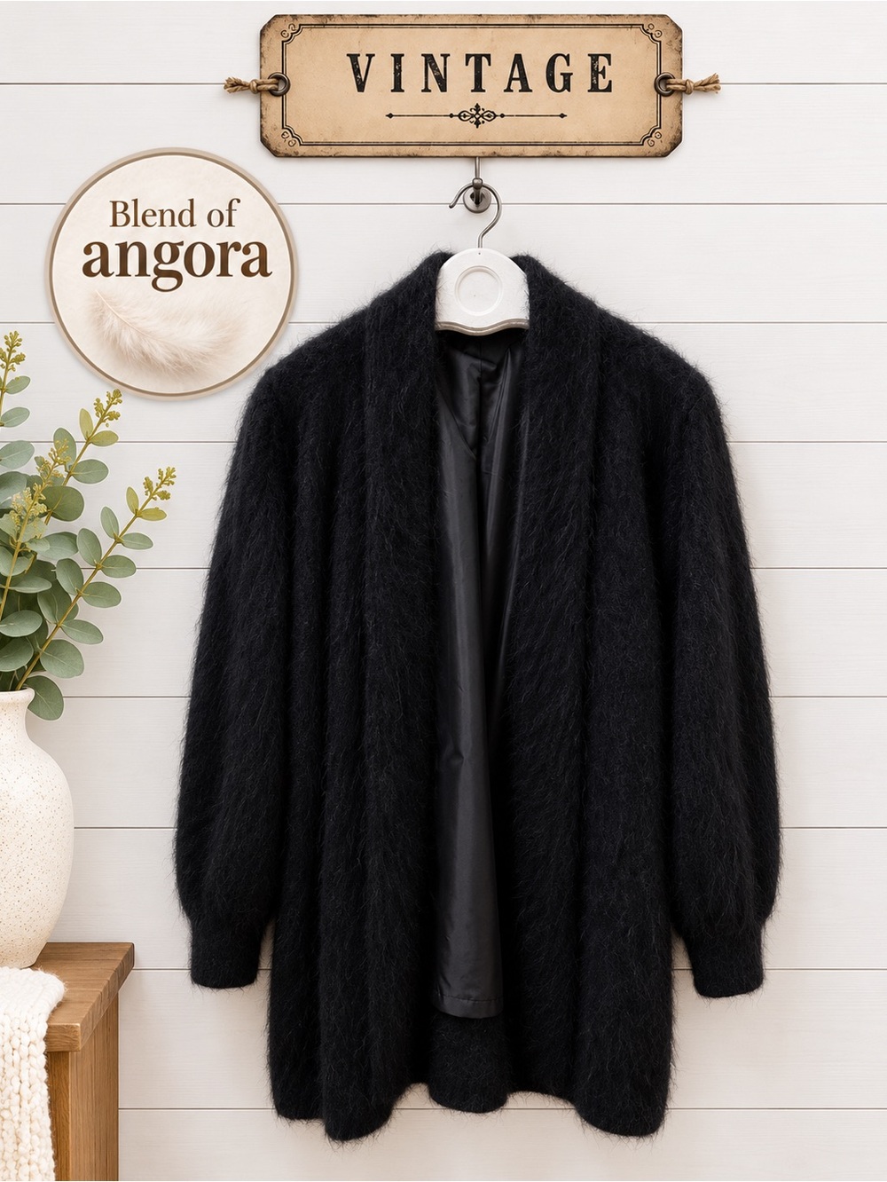 VINTAGE Angora Black Coat XL/XXL (Brand: Venesha)